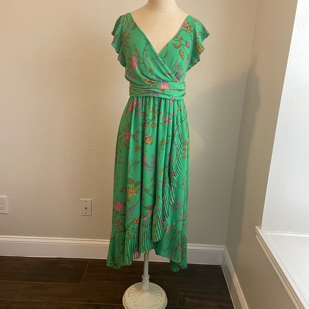 Floral Green Faux Wrap Dress